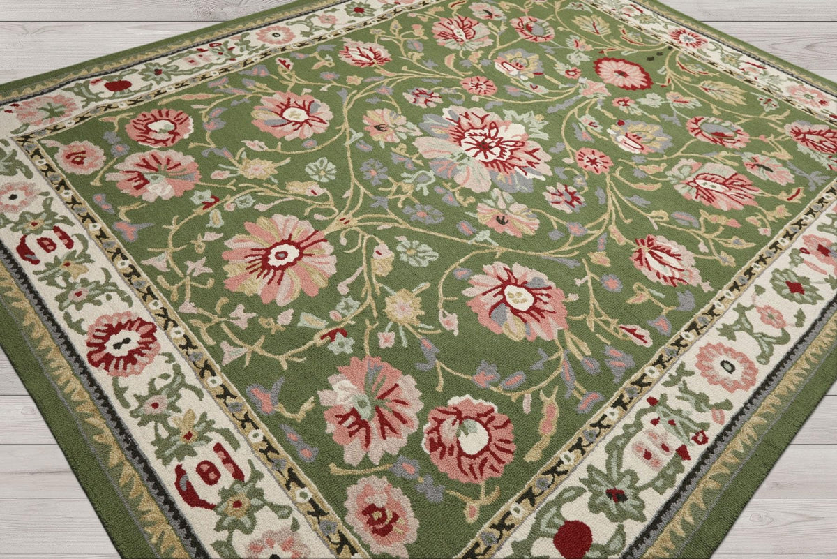 8x10 Hand Hooked Sage Cream Traditional Wool Arts & Crafts Area Rug for Living Room, Kitchen, Bedroom, Home Office, Dining Room