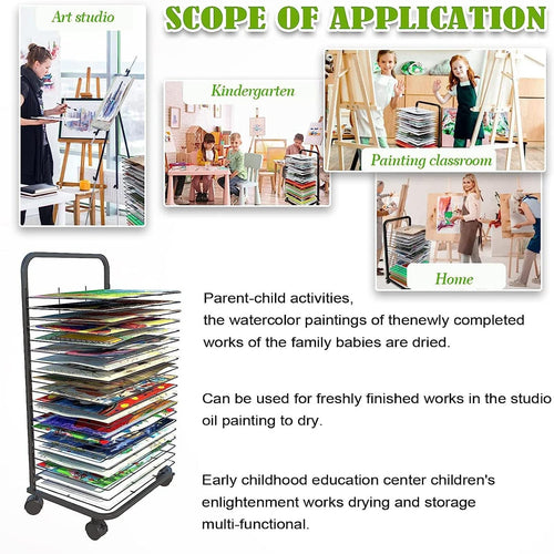 20-Layer Art Drying Rack with Locking Wheels - Portable Canvas Storage for Classroom, Ideal for Painting Crafts, Easy-Move Art Project Organizer for Creative Spaces