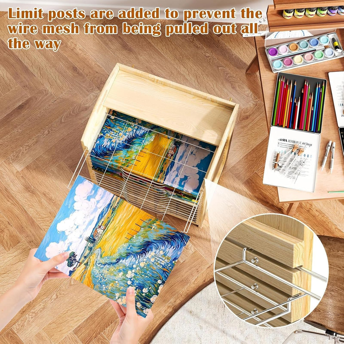 Wooden Art Drying Rack with 15 Adjustable Metal Shelves, Versatile Desktop and Wall-Mount Easel for Efficient Drying, Organizing, and Storing Canvas Artworks and Craft Projects