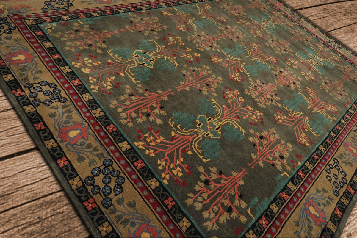 9x12 Hand Tufted Hand Made 100% Wool Donegal Branches Arts & Crafts Oriental Area Rug Gray with Green Undertone,Moss Color