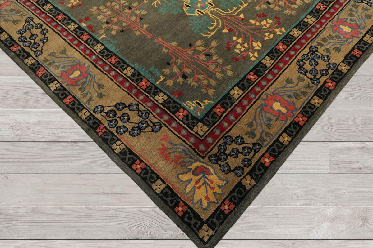 9x13 Hand Tufted Hand Made 100% Wool Donegal Branches Arts & Crafts Oriental Area Rug Gray with Green Undertone,Moss Color