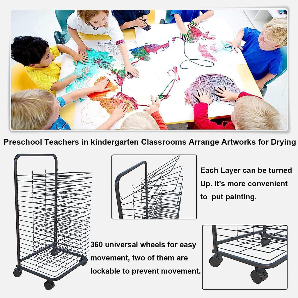 Art Drying Rack with Locking Wheels - Functal Versatile Canvas Rack for Paint Drying, Classroom Art Storage, Adjustable Shelves for Crafts - 3
