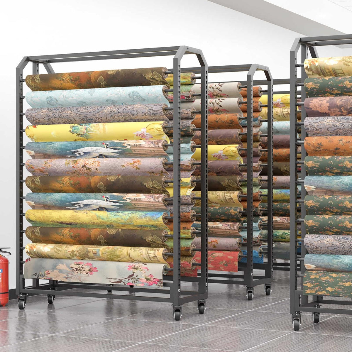 Textile Fabric Roll Storage Rack, Heavy Duty Metal Butcher Paper Holder, Mobile Gift Wrap Rack for Classroom Arts and Crafts