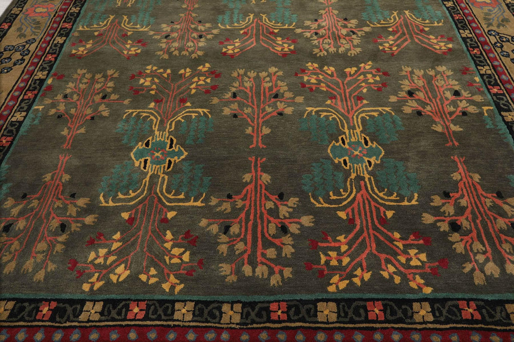 9x13 Hand Tufted Hand Made 100% Wool Donegal Branches Arts & Crafts Oriental Area Rug Gray with Green Undertone,Moss Color