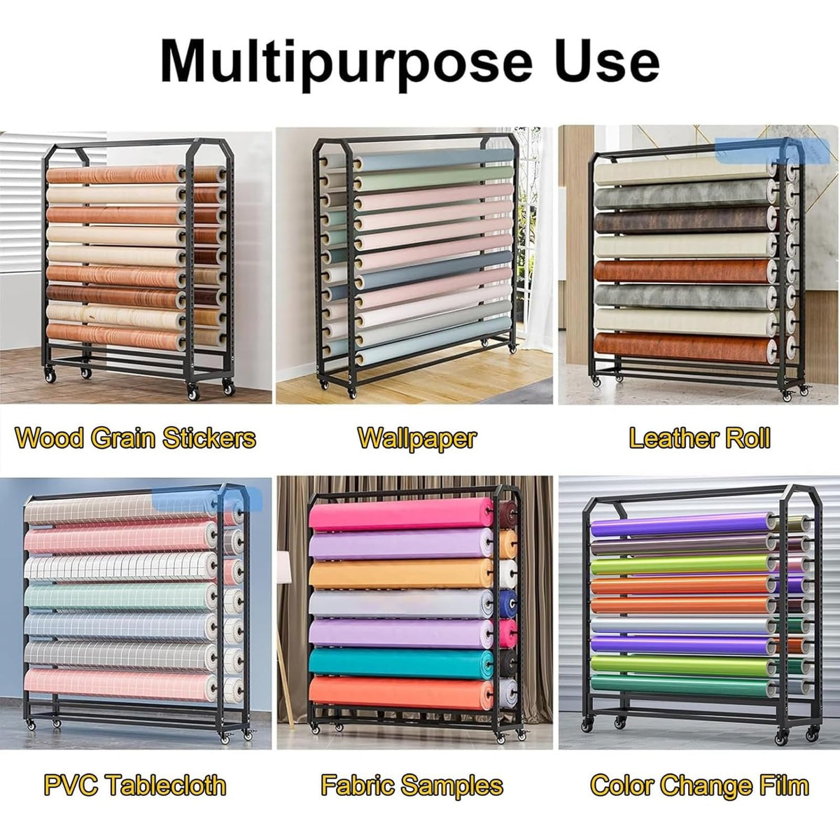 10/12/14/16/18/20-roll Commercial Large Mobile Gift Wrap Rack for Classroom Arts Crafts Activity Holder Loads 660 LBS, Metal Textile Fabric Rolls Organizer - Adjustable Spacing(14 rods,W195cm)