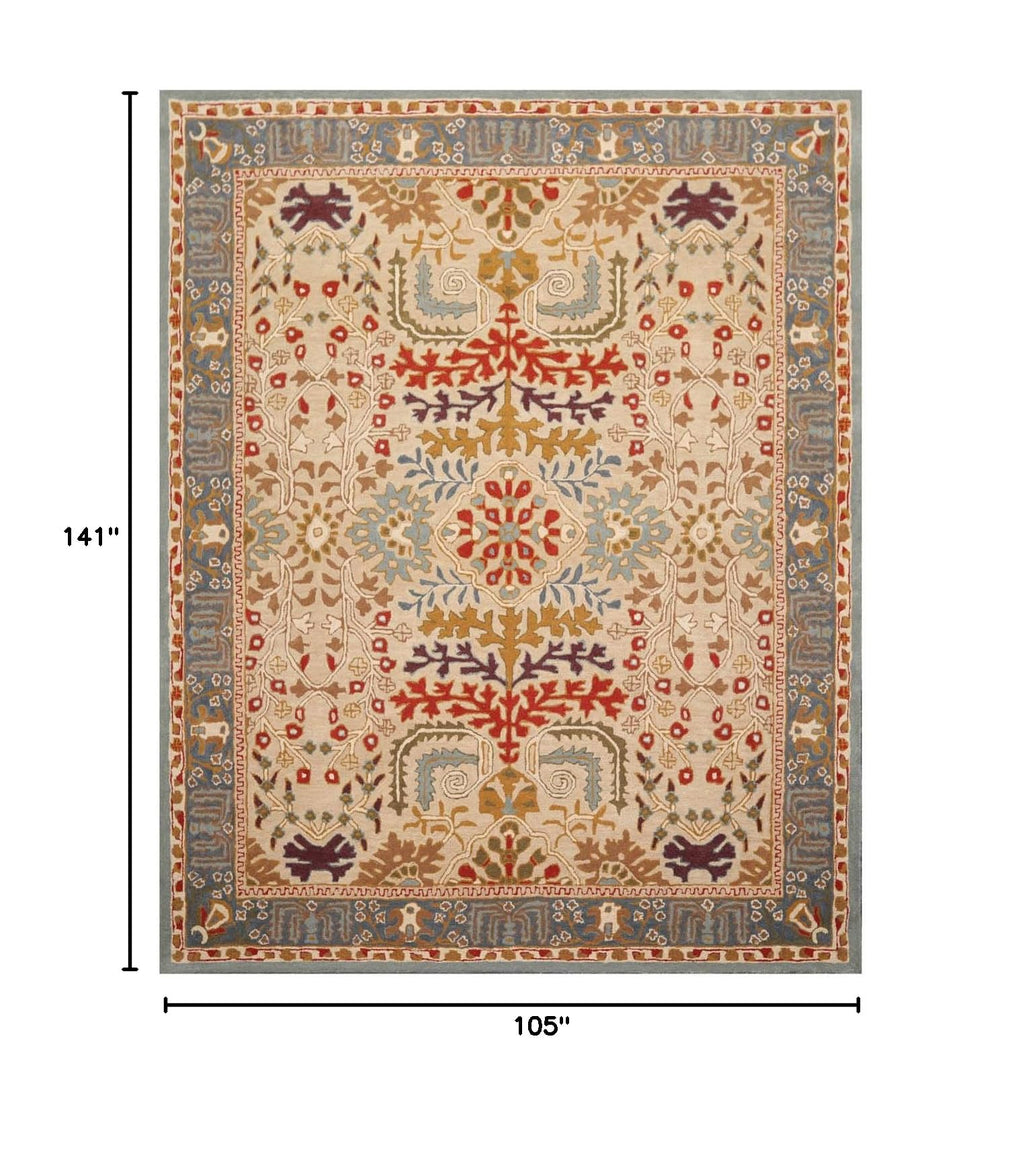 8'9''x11'9'' ft Rectangular Hand Tufted Handmade 100% Wool Arts and Craft Transitional Oriental Beige, Blue Indoor Area Rug for Living Room, Bedroom, Dining Room, Kitchen, Hallway, Home Office