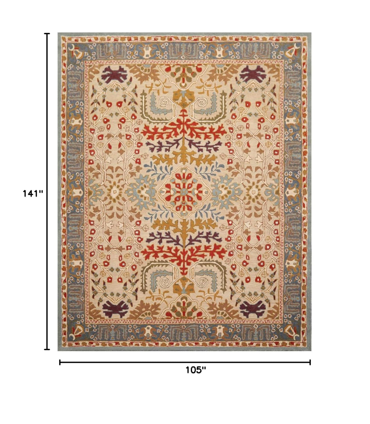 8'9''x11'9'' ft Rectangular Hand Tufted Handmade 100% Wool Arts and Craft Transitional Oriental Beige, Blue Indoor Area Rug for Living Room, Bedroom, Dining Room, Kitchen, Hallway, Home Office