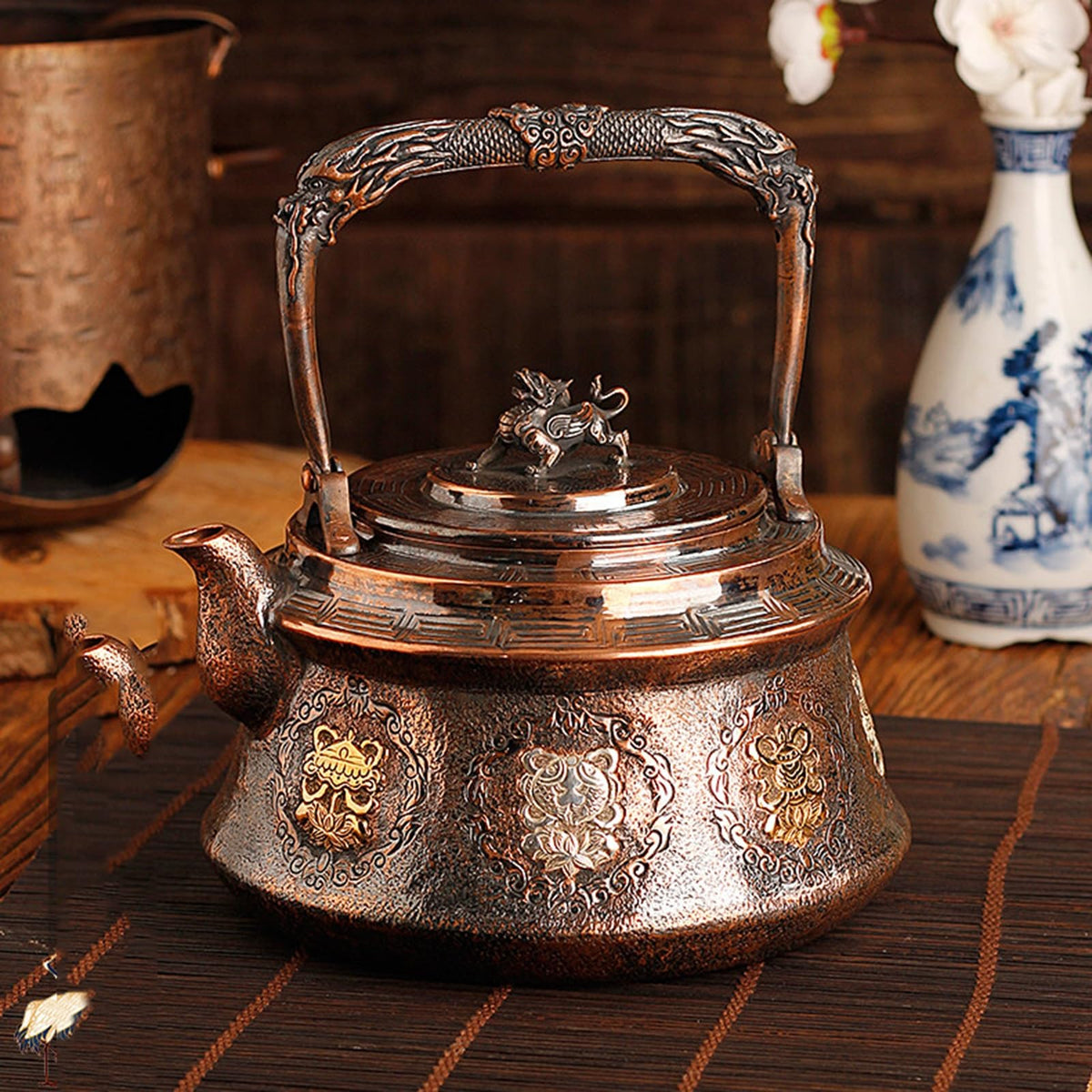 Traditional Embossed Copper Teapot, Eight Auspicious Symbols Kettle