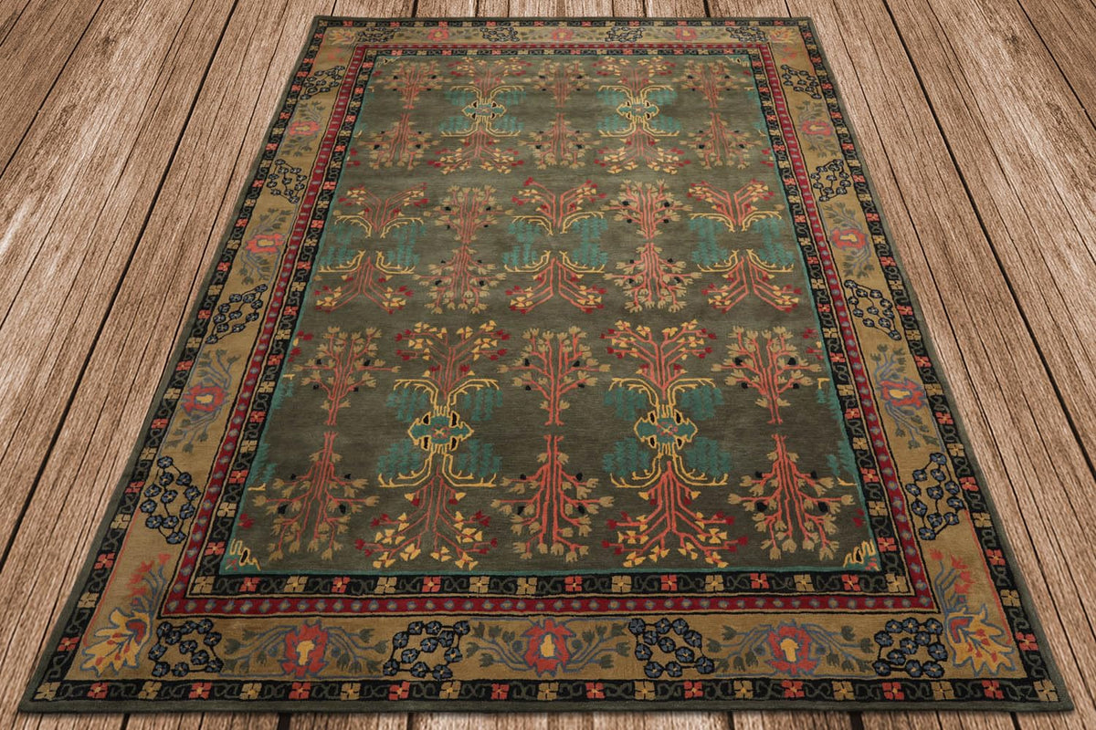 9x12 Hand Tufted Hand Made 100% Wool Donegal Branches Arts & Crafts Oriental Area Rug Gray with Green Undertone,Moss Color