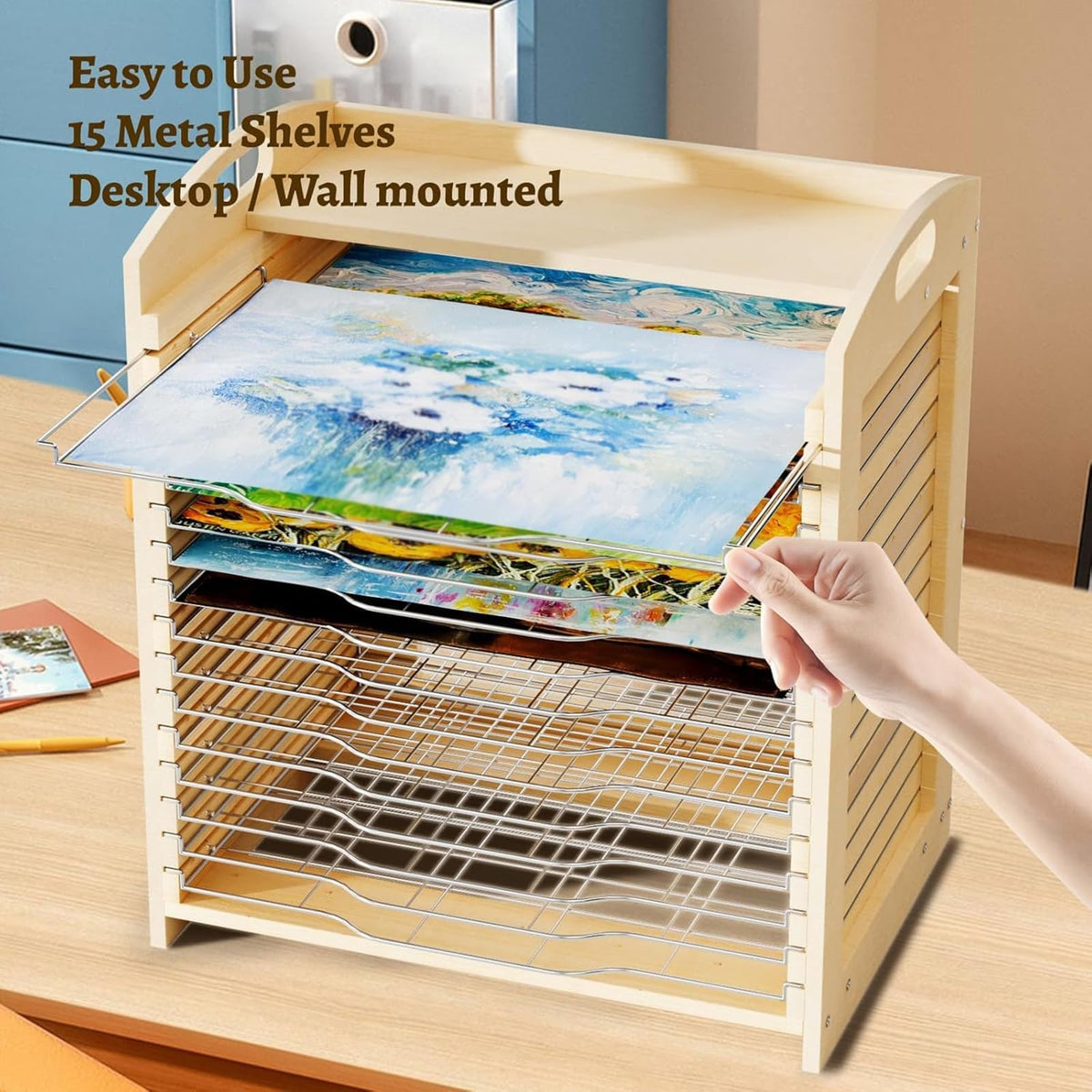 Wooden Art Drying Rack with 15 Adjustable Metal Shelves, Versatile Desktop and Wall-Mount Easel for Efficient Drying, Organizing, and Storing Canvas Artworks and Craft Projects