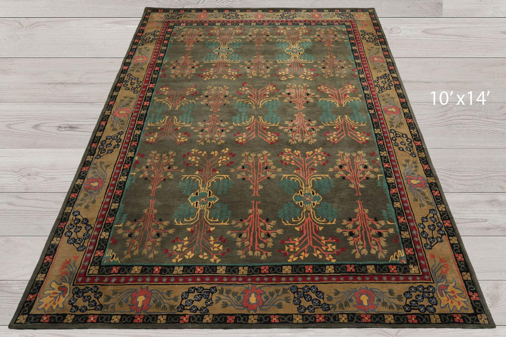 9x13 Hand Tufted Hand Made 100% Wool Donegal Branches Arts & Crafts Oriental Area Rug Gray with Green Undertone,Moss Color