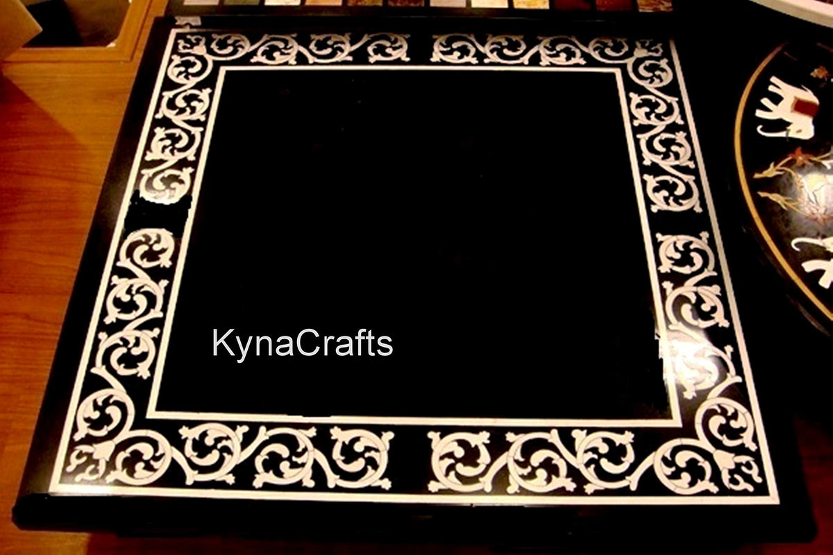 30 x 30 Inches Round Shape Black Marble Coffee Table Top Unique Pattern Inlay Work Lawn Table from Indian Vintage Art and Crafts