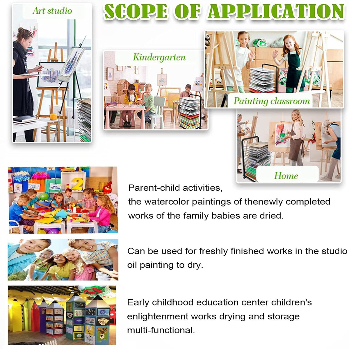 Wall-Mounted Art Drying Rack for Classrooms & Studios, 20 Steel Shelves, Black & White, Perfect for Artwork Storage, Paint Crafts, and Art Supplies Organizer