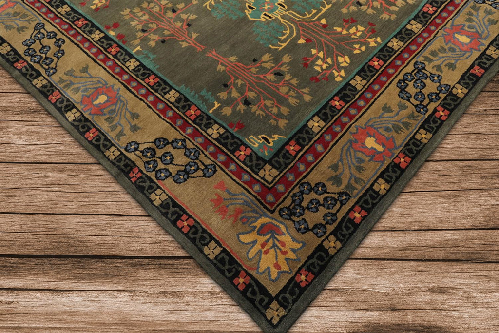 9x12 Hand Tufted Hand Made 100% Wool Donegal Branches Arts & Crafts Oriental Area Rug Gray with Green Undertone,Moss Color