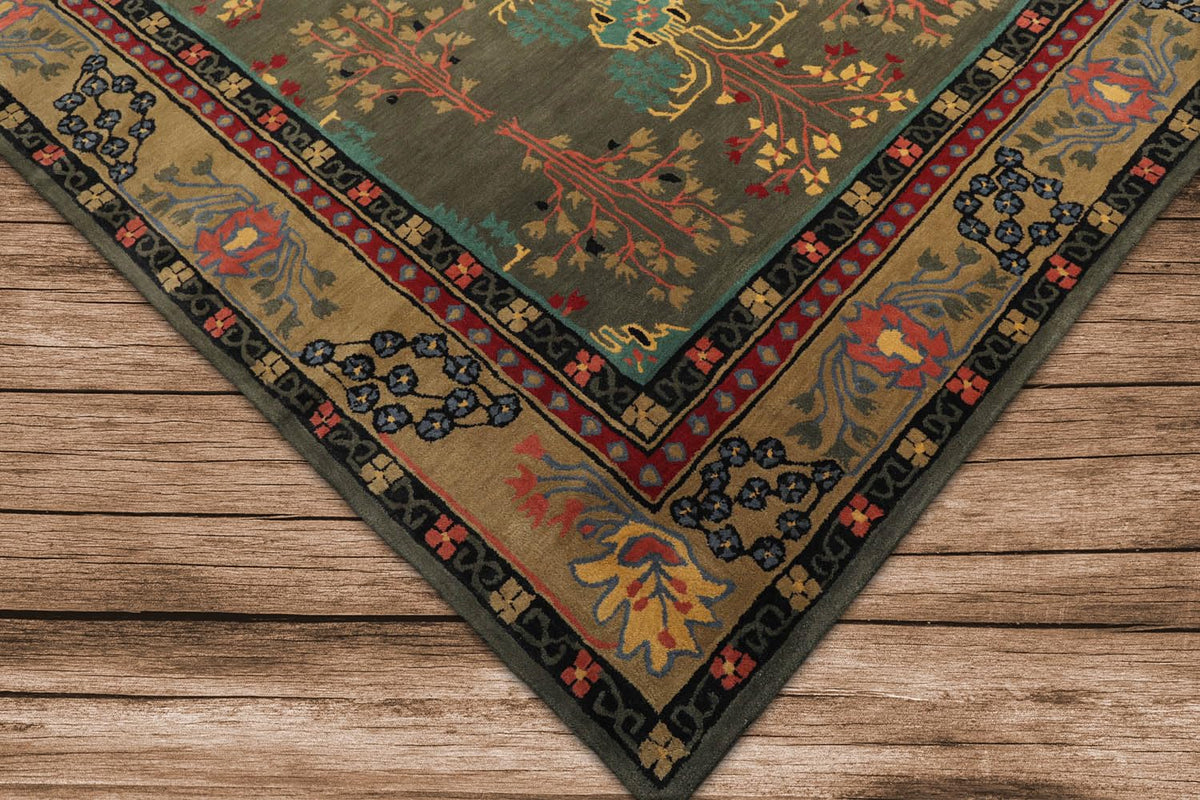 9x12 Hand Tufted Hand Made 100% Wool Donegal Branches Arts & Crafts Oriental Area Rug Gray with Green Undertone,Moss Color