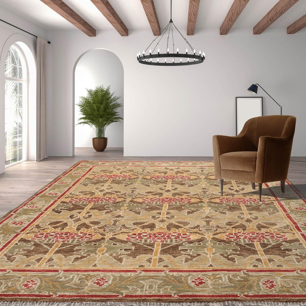 8'x10' Hand Knotted Muted Turkish Oushak William Morris Tulip & Lilly 100% Wool Arts and Craft Traditional Oriental Area Rug Brown, Green Color