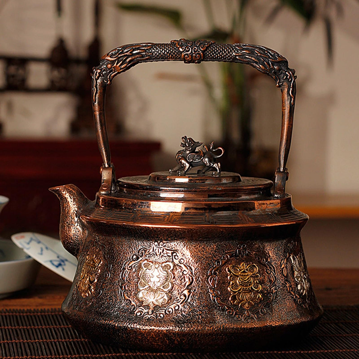 Traditional Embossed Copper Teapot, Eight Auspicious Symbols Kettle