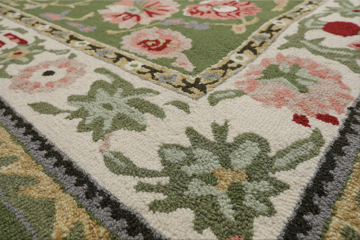 8x10 Hand Hooked Sage Cream Traditional Wool Arts & Crafts Area Rug for Living Room, Kitchen, Bedroom, Home Office, Dining Room