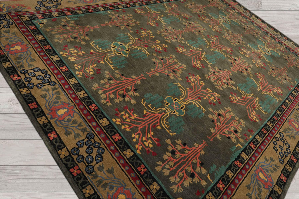 9x13 Hand Tufted Hand Made 100% Wool Donegal Branches Arts & Crafts Oriental Area Rug Gray with Green Undertone,Moss Color