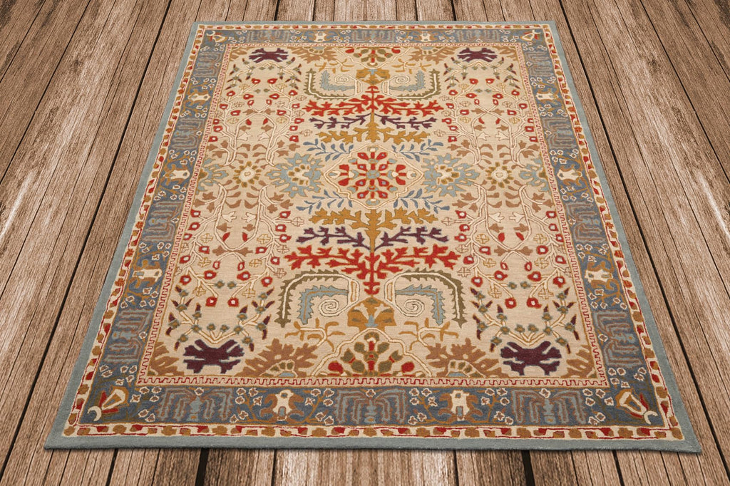 8x10 Hand Tufted Hand Made 100% Wool Arts and Craft Transitional Oriental Area Rug Beige,Blue Color