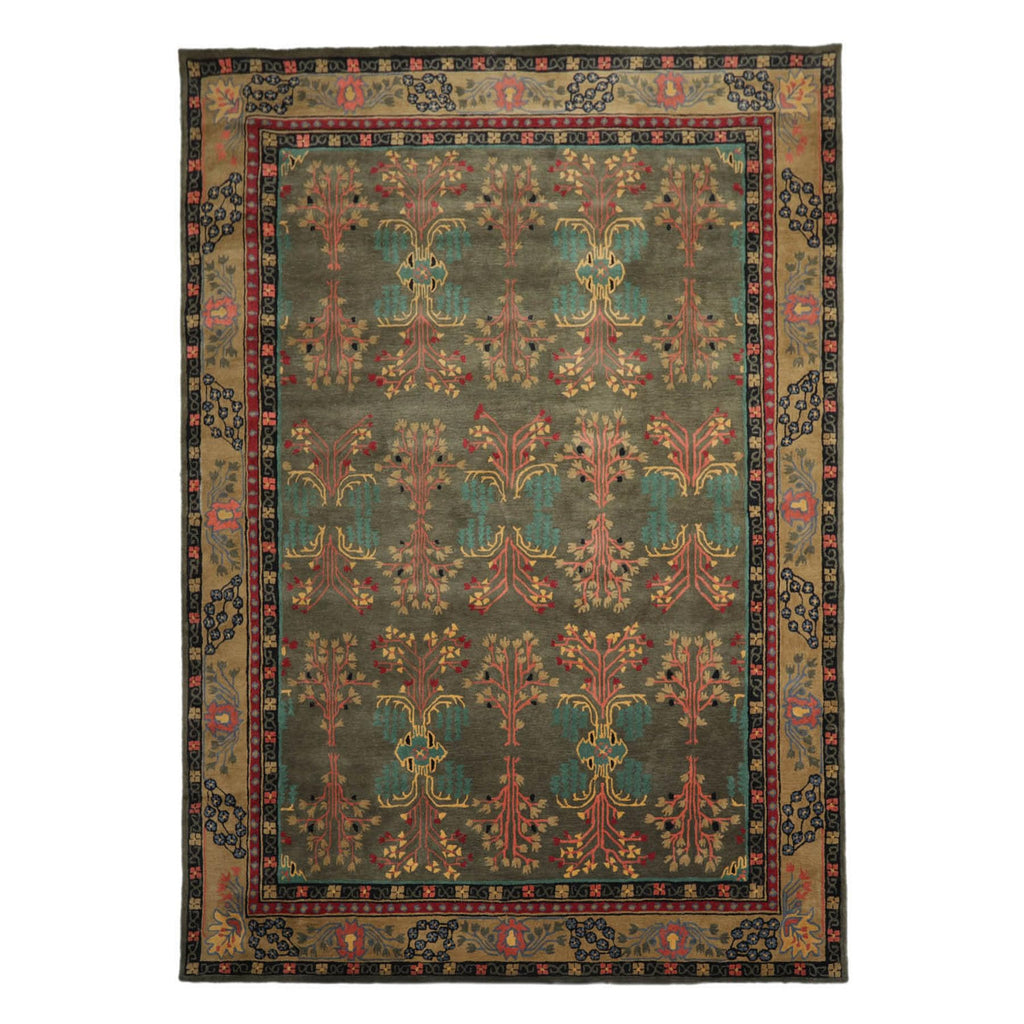 9x13 Hand Tufted Hand Made 100% Wool Donegal Branches Arts & Crafts Oriental Area Rug Gray with Green Undertone,Moss Color