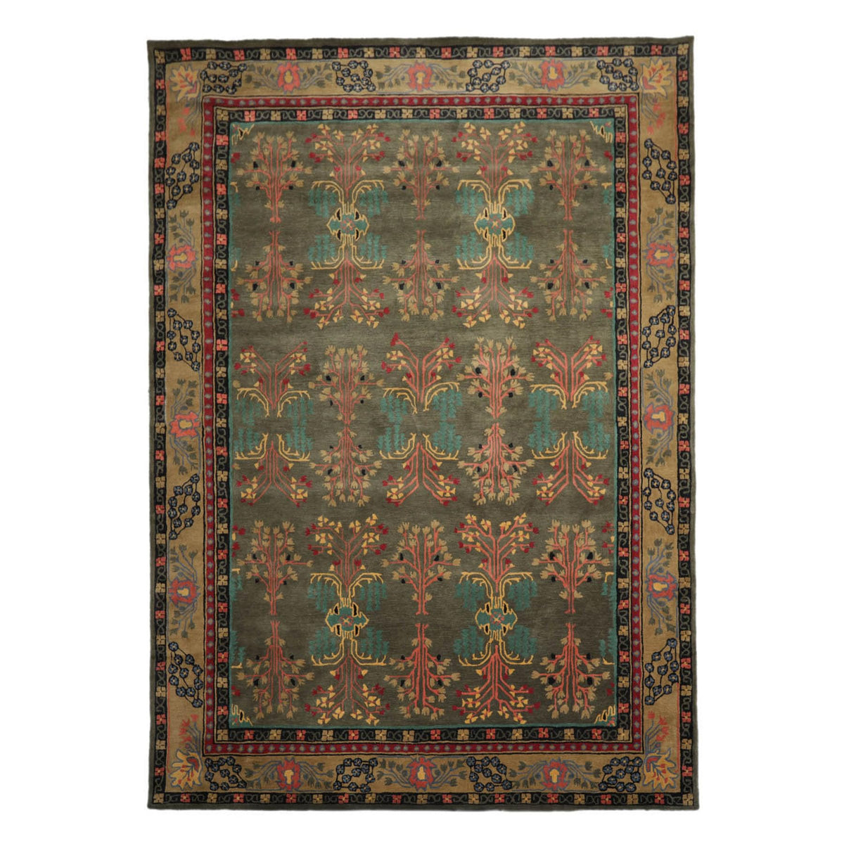 9x13 Hand Tufted Hand Made 100% Wool Donegal Branches Arts & Crafts Oriental Area Rug Gray with Green Undertone,Moss Color