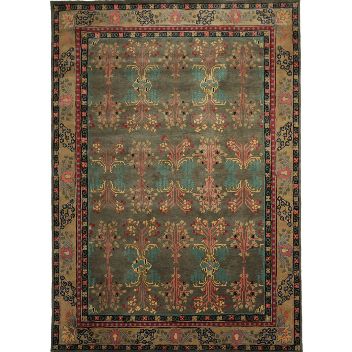9x12 Hand Tufted Hand Made 100% Wool Donegal Branches Arts & Crafts Oriental Area Rug Gray with Green Undertone,Moss Color