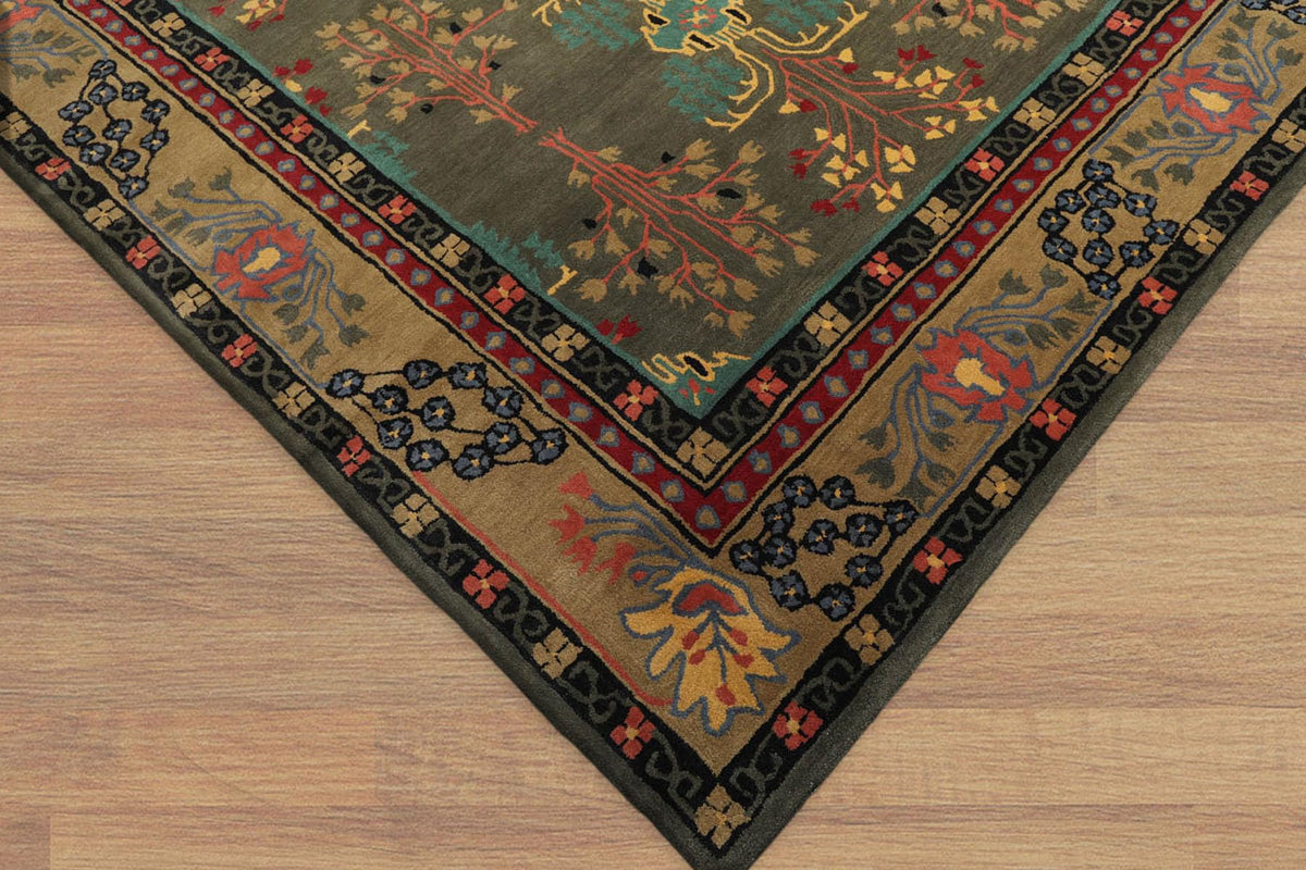 9x12 Hand Tufted Hand Made 100% Wool Donegal Branches Arts & Crafts Oriental Area Rug Gray with Green Undertone,Moss Color