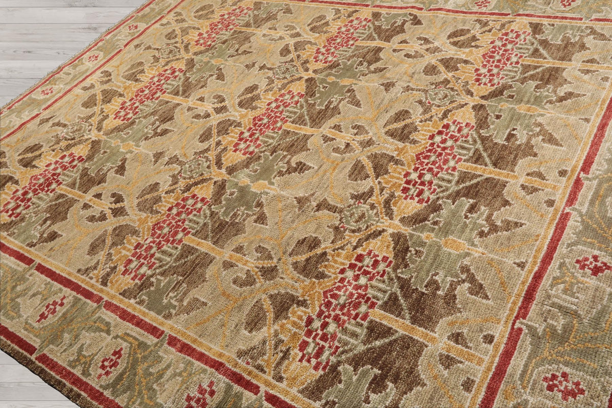 8'x10' Hand Knotted Muted Turkish Oushak William Morris Tulip & Lilly 100% Wool Arts and Craft Traditional Oriental Area Rug Brown, Green Color