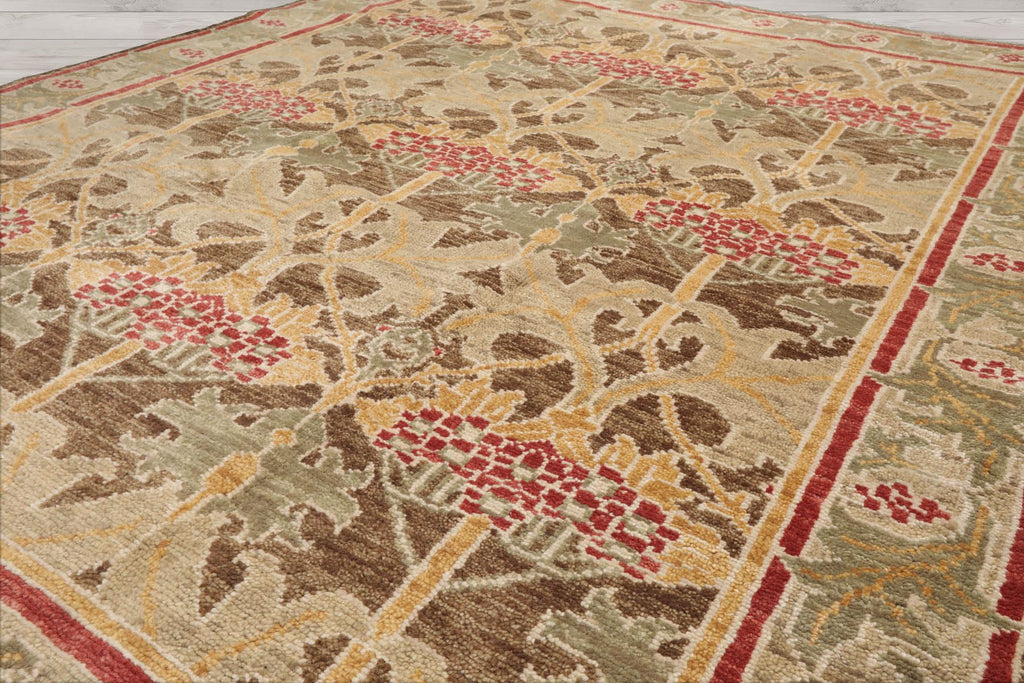8'x10' Hand Knotted Muted Turkish Oushak William Morris Tulip & Lilly 100% Wool Arts and Craft Traditional Oriental Area Rug Brown, Green Color