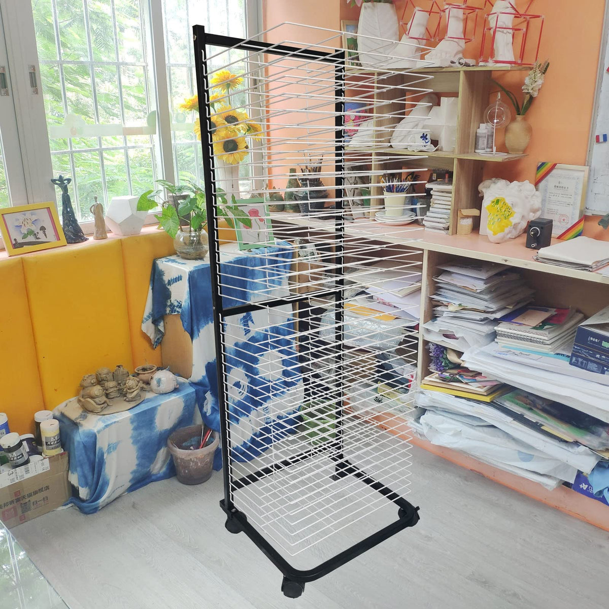 40-Layer Wall Mount Art Drying Rack with Locking Wheels - Perfect Canvas Storage Solution for Classroom Painting, Crafts & Art Supplies