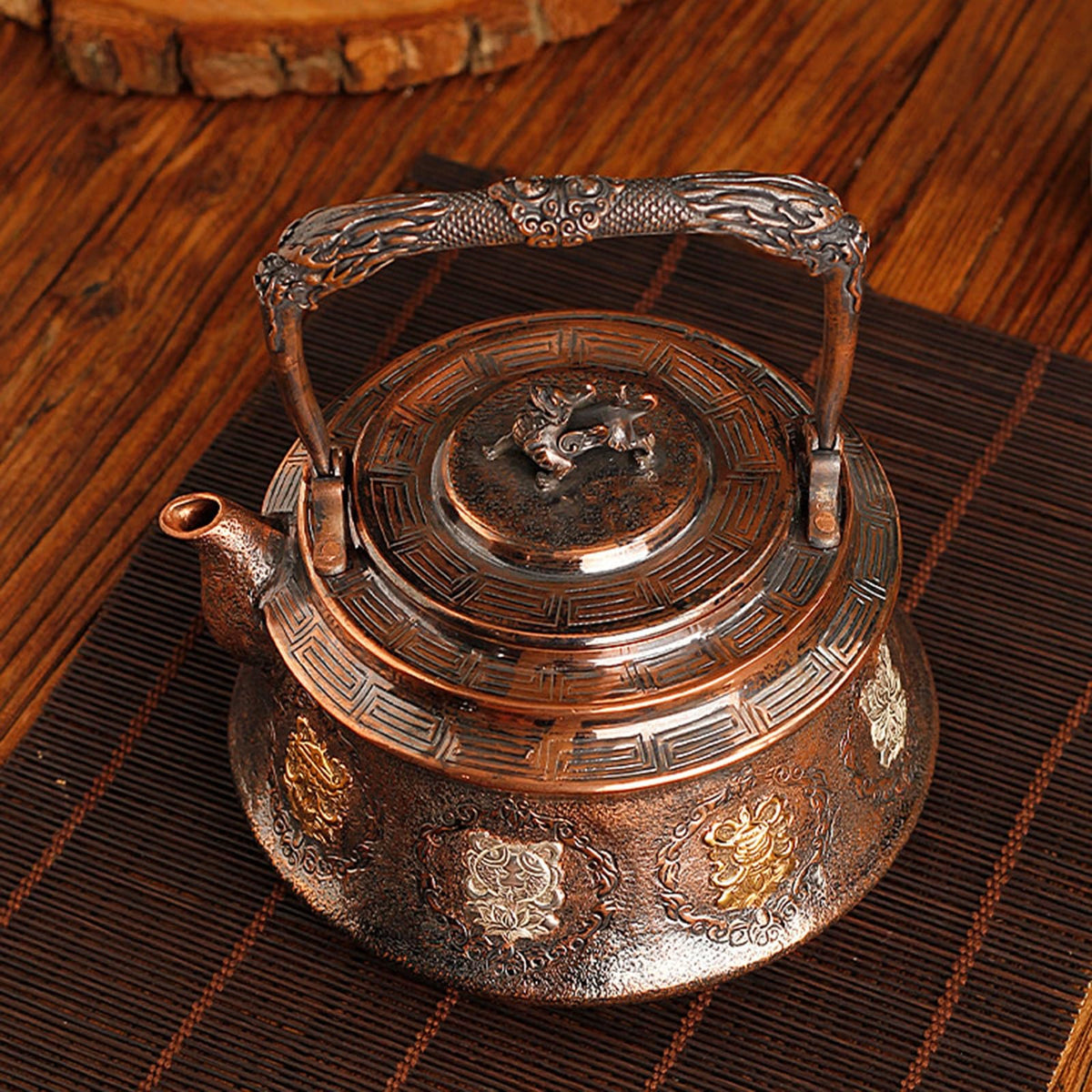 Traditional Embossed Copper Teapot, Eight Auspicious Symbols Kettle