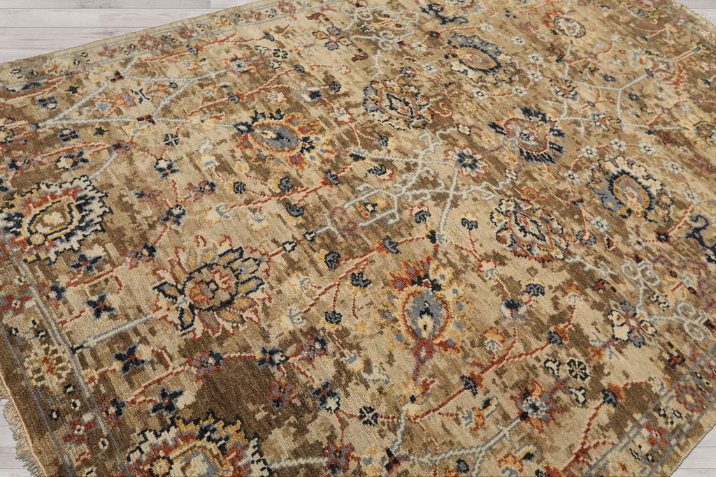 6'x9'3'' Hand Knotted Beige Oushak Arts & Crafts Wool Erased Pattern Oriental Area Rug