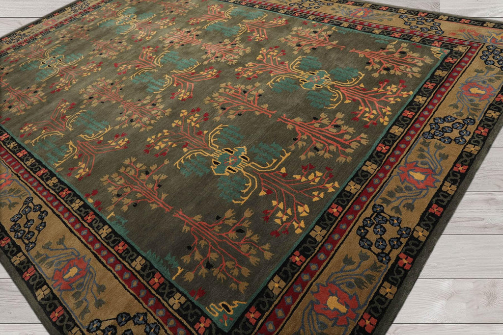 9x13 Hand Tufted Hand Made 100% Wool Donegal Branches Arts & Crafts Oriental Area Rug Gray with Green Undertone,Moss Color