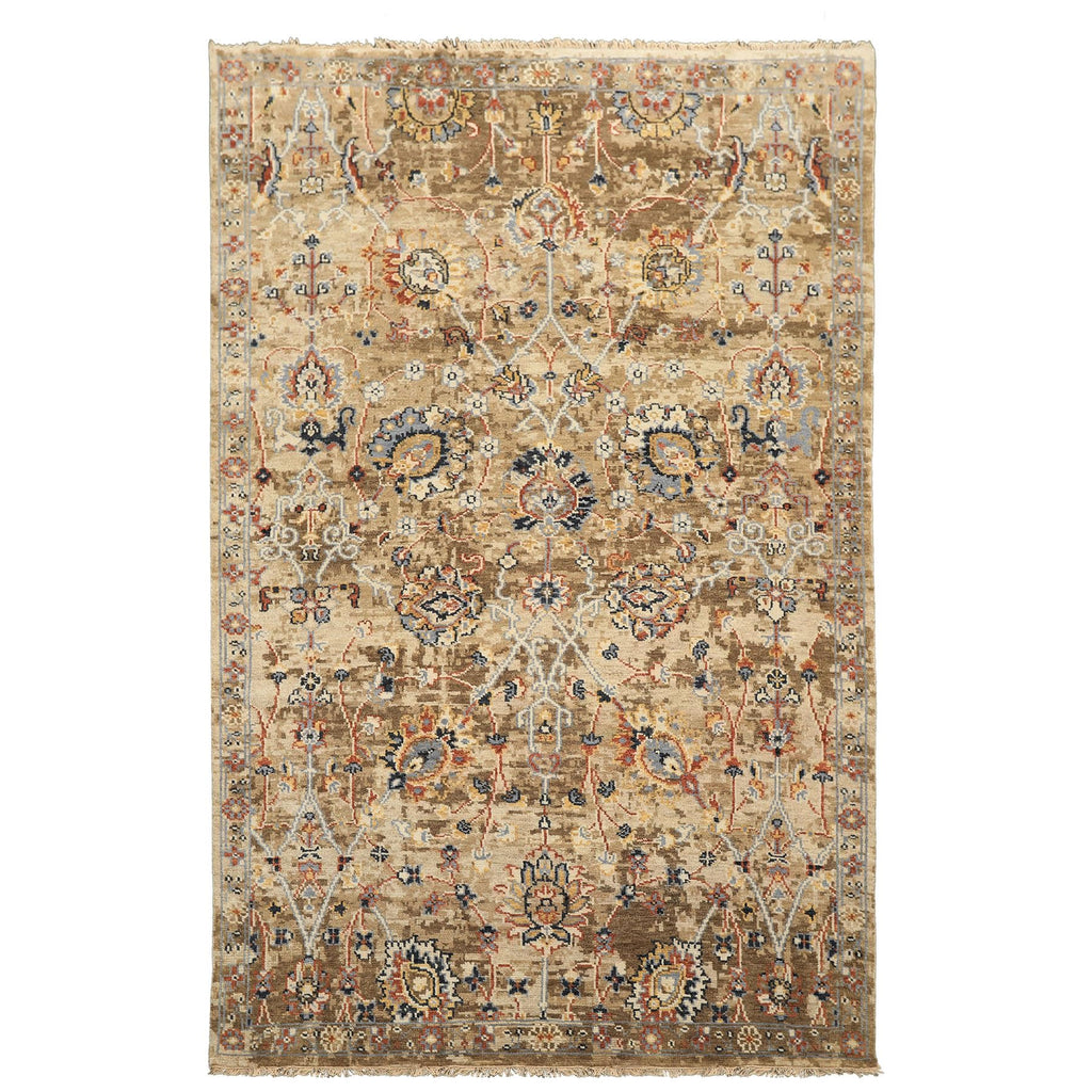 6'x9'3'' Hand Knotted Beige Oushak Arts & Crafts Wool Erased Pattern Oriental Area Rug