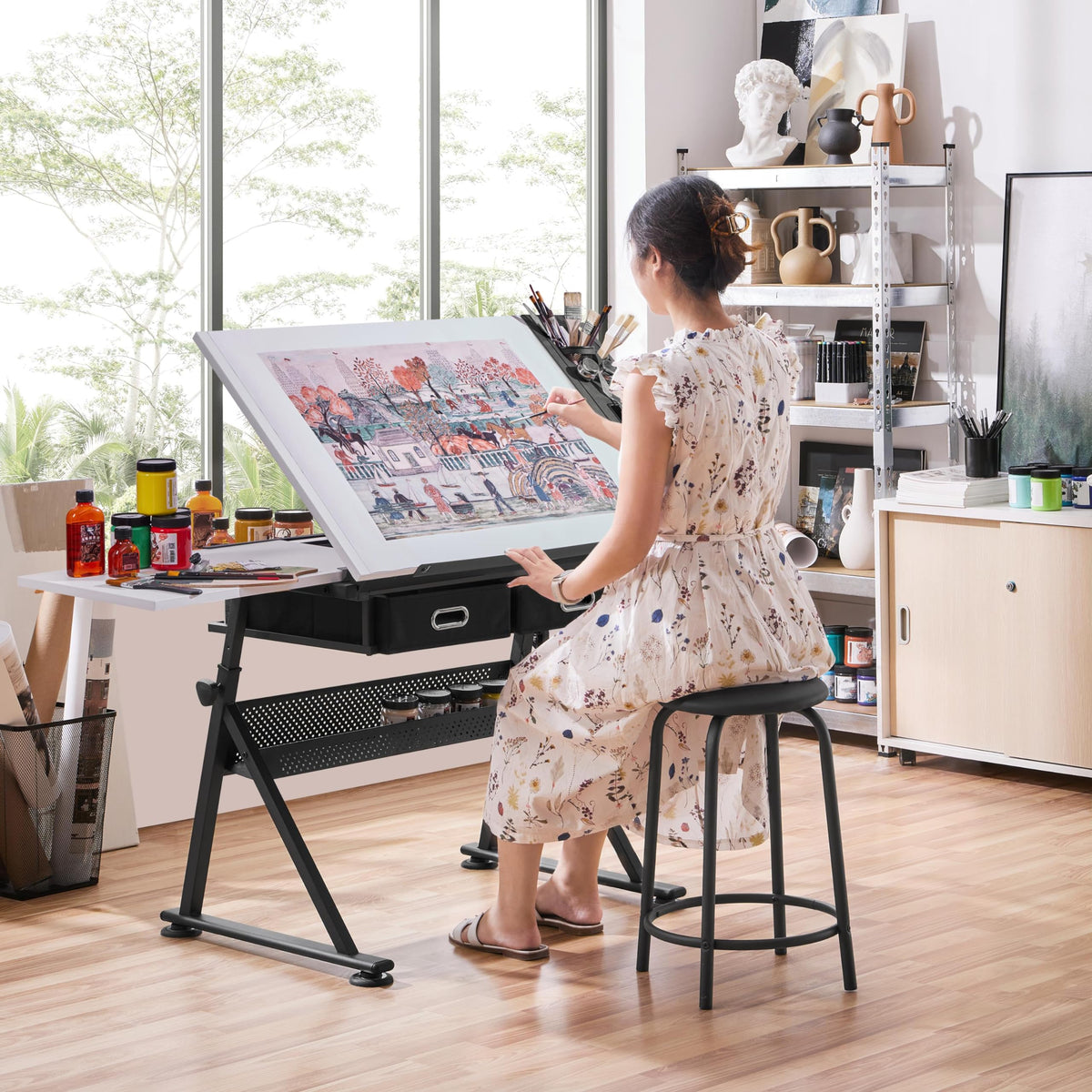 Adjustable Drawing Table with Storage Drawers Art & Craft Desk with Stool Size: 120.5 x 60 x (69.5-92.5cm) Perfect for Artists and Creatives