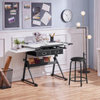 Adjustable Drawing Table with Storage Drawers Art & Craft Desk with Stool Size: 120.5 x 60 x (69.5-92.5cm) Perfect for Artists and Creatives