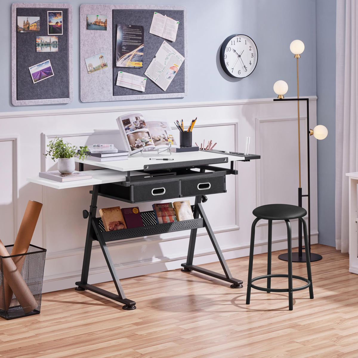 Adjustable Drawing Table with Storage Drawers Art & Craft Desk with Stool Size: 120.5 x 60 x (69.5-92.5cm) Perfect for Artists and Creatives