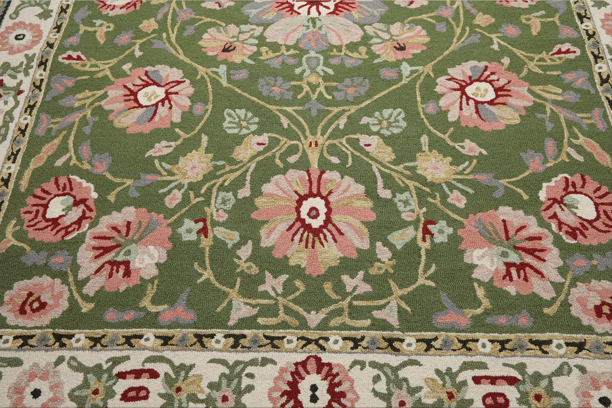 8x10 Hand Hooked Sage Cream Traditional Wool Arts & Crafts Area Rug for Living Room, Kitchen, Bedroom, Home Office, Dining Room