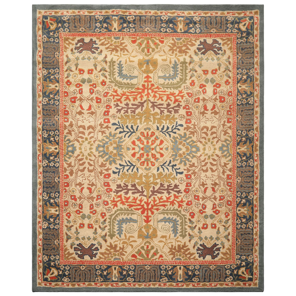8'9''x11'9'' ft Rectangular Hand Tufted Handmade 100% Wool Arts and Craft Transitional Oriental Beige, Blue Indoor Area Rug for Living Room, Bedroom, Dining Room, Kitchen, Hallway, Home Office
