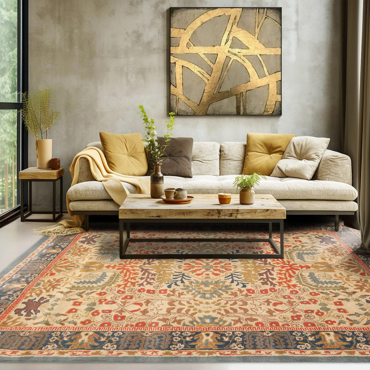 8'9''x11'9'' ft Rectangular Hand Tufted Handmade 100% Wool Arts and Craft Transitional Oriental Beige, Blue Indoor Area Rug for Living Room, Bedroom, Dining Room, Kitchen, Hallway, Home Office